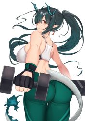 Rule 34 | 1girl, absurdres, alternate costume, arknights, ass, bare shoulders, black gloves, black hair, breasts, closed mouth, dragon girl, dragon horns, dragon tail, dumbbell, dusk (arknights), earrings, fingerless gloves, from behind, gloves, green hair, green pants, hair over one eye, highres, holding, horns, jewelry, large breasts, leaning forward, looking at viewer, looking back, multicolored hair, negister, pants, pointy ears, red eyes, sideboob, simple background, skindentation, smile, solo, sports bra, streaked hair, tail, thigh gap, two-tone hair, white background