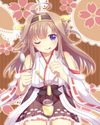 Rule 34 | &gt;;p, 10s, 1girl, ahoge, blue eyes, detached sleeves, fan (20110507), holding, kantai collection, kongou (kancolle), long hair, looking at viewer, nontraditional miko, pleated skirt, sitting, skirt, smile, solo, spoon, v-shaped eyebrows