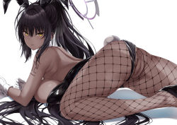 Rule 34 | 1girl, amasora taichi, animal ears, anus, ass, black footwear, black hair, black leotard, blue archive, blush, breasts, censored, closed mouth, commentary request, dark-skinned female, dark skin, fake animal ears, fishnet pantyhose, fishnets, from behind, gloves, halo, high heels, highleg, highleg leotard, karin (blue archive), karin (bunny) (blue archive), large breasts, leotard, long hair, mosaic censoring, pantyhose, playboy bunny, ponytail, pussy, rabbit ears, shiny clothes, shiny skin, simple background, solo, thighs, very long hair, white background, white gloves, wide hips, yellow eyes