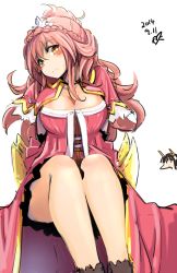 Rule 34 | 2girls, arms behind back, blush, braid, breasts, capelet, claudia (sennen sensou aigis), cleavage, covered erect nipples, dated, dress, flipped hair, french braid, hair ornament, half updo, head tilt, highres, large breasts, long hair, looking at viewer, misha (sennen sensou aigis), momo (higanbana and girl), multiple girls, no nose, orange eyes, pink hair, red eyes, red hair, sennen sensou aigis, signature, simple background, sitting, sketch, solo focus, tiara, white background