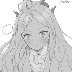 Rule 34 | ..., 1girl, blue archive, blush, closed mouth, dated, greyscale, hair ornament, hairclip, highres, hina (blue archive), horns, long hair, looking at viewer, monochrome, multiple horns, ooyari ashito, signature, simple background, sleeveless, solo, spoken ellipsis, sweat, upper body, very long hair