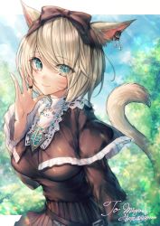 Rule 34 | 1girl, animal ears, warrior of light (ff14), black bow, black dress, blonde hair, blue eyes, bow, breasts, cat ears, cat tail, day, dress, earrings, eyes visible through hair, facial mark, fictional persona, final fantasy, final fantasy xiv, hair bow, highres, jewelry, looking at viewer, medium breasts, miqo&#039;te, mirukurim, outdoors, ring, short hair, sitting, smile, tail, whisker markings