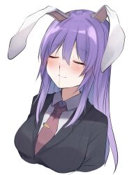 Rule 34 | 1girl, animal ears, blood, blush, breasts, closed eyes, cropped torso, happy, highres, karasusou nano, large breasts, necktie, nosebleed, purple hair, rabbit ears, red necktie, reisen udongein inaba, simple background, smile, solo, straight hair, touhou, white background