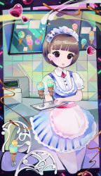 Rule 34 | 1girl, apron, blue dress, blunt bangs, blush, border, chair, dress, earrings, female focus, food, frills, heart, highres, holding, ice cream, ice cream cone, itezanon, jewelry, lipstick, maid headdress, makeup, open mouth, original, outside border, solo, striped clothes, striped dress, waitress, white legwear