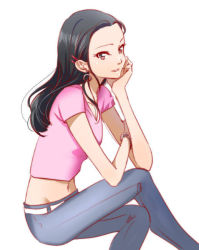 Rule 34 | 1girl, black hair, blue pants, bracelet, brown eyes, closed mouth, code lyoko, collarbone, crossed legs, denim, earrings, elisabeth delmas, from side, groin, hair ornament, hairclip, head rest, jewelry, long hair, looking at viewer, midriff, morihaw, navel, pants, parted lips, pink shirt, shirt, short sleeves, simple background, smile, solo, stomach, white background