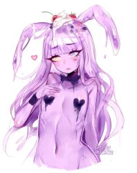Rule 34 | 1girl, @ @, animal ears, blue eyes, blunt bangs, blush, cherry, closed mouth, colored skin, commentary, cream, ears down, english commentary, flat chest, food, fruit, hand up, heart, heterochromia, long hair, looking at viewer, monster girl, navel, nude, original, pasties, pink skin, rabbit ears, simple background, sketch, slime girl, solo, strawberry, terupancake, twitter username, upper body, uva (teru (renkyuu)), white background, wristband, yellow eyes