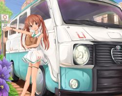 Rule 34 | 10s, 1girl, alfa romeo, apple, arm up, bare shoulders, bracelet, bread, brown eyes, brown hair, car, commentary request, dark-skinned female, dark skin, dress, food, fruit, highres, jewelry, kantai collection, libeccio (kancolle), long hair, motor vehicle, munehiro (21plus), open mouth, pleated skirt, sailor collar, sailor dress, skirt, solo, tan, twintails, van, vehicle focus