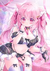 Rule 34 | 1girl, animal ear fluff, animal ears, black bow, black bowtie, blush, bow, bowtie, breasts, cat ears, cat tail, cherry hair ornament, chiika (cure cherish), cleavage, detached sleeves, food-themed hair ornament, hair ornament, highres, large breasts, lingerie, long hair, medium breasts, original, pink eyes, pink hair, solo, tail, thighhighs, twintails, underwear, very long hair, white thighhighs, wrist cuffs