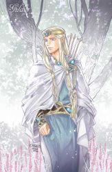 Rule 34 | 1boy, arrow (projectile), blonde hair, bracer, character name, circlet, dated, elf, gildor, grass, highres, kazuki-mendou, tolkien&#039;s legendarium, long hair, looking to the side, male focus, pointy ears, purple eyes, robe, signature, smile, solo, standing, the lord of the rings, tree