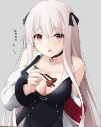 Rule 34 | 1girl, :o, bare shoulders, belt, black choker, black dress, breasts, choker, chopsticks, cleavage, collarbone, detached sleeves, dress, girls&#039; frontline, grey background, hair ornament, highres, holding, kar98k (girls&#039; frontline), keenh, large breasts, long hair, long sleeves, looking at viewer, open mouth, red eyes, smile, solo, translation request, upper body, white hair