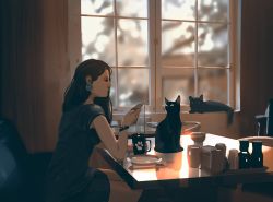 Rule 34 | 1girl, black cat, black fur, black hair, cat, coffee, indoors, original, sketch, snatti, sunrise, table, window