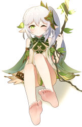 Rule 34 | 1girl, ;), arka91, barefoot, blush, closed mouth, dress, feet, foreshortening, full body, genshin impact, green hair, highres, nahida (genshin impact), one eye closed, side ponytail, simple background, smile, soles, solo, toes, white background, white hair