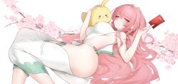 Rule 34 | 1girl, absurdres, ass, azur lane, blush, breasts, cherry blossoms, china dress, chinese clothes, chinese new year, closed mouth, commentary, dress, feet out of frame, flower, from side, highres, holding, hongbao, janload1ng, large breasts, long hair, looking at viewer, manjuu (azur lane), official alternate costume, perseus (azur lane), perseus (spring lackadaisical leisure) (azur lane), pink eyes, pink flower, pink hair, revealing clothes, solo, very long hair, white dress
