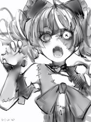 Rule 34 | 1girl, bad id, bad pixiv id, bow, bowtie, choker, drill hair, greyscale, hands up, heart, heart choker, highres, hololive, hololive indonesia, kureiji ollie, looking at viewer, monochrome, nanashi (nlo), open mouth, simple background, solo, stitched arm, stitched face, stitched torso, stitches, twin drills, upper body, virtual youtuber, white background, zombie