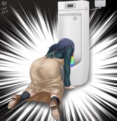Rule 34 | 1girl, all fours, apron, blue hair, green sweater, hair down, kantai collection, long hair, long sleeves, official alternate costume, rainbow, solo, souryuu (kancolle), sweater, tk8d32, vomit, vomiting, vomiting rainbows