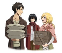 Rule 34 | 1boy, 2girls, black hair, blonde hair, blue eyes, brown hair, brown skirt, capelet, closed mouth, cropped legs, dress, dress shirt, eren yeager, eye contact, green shirt, grey dress, highres, holding, jealous, krista lenz, long hair, long sleeves, looking at another, mikasa ackerman, milady666, multiple girls, open mouth, pink capelet, ponytail, profile, red scarf, scarf, shaded face, shingeki no kyojin, shirt, short hair, simple background, skirt, swept bangs, watermark, white background, white shirt