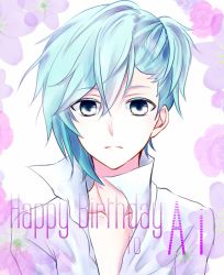 Rule 34 | 1boy, blue eyes, blue hair, character name, commentary request, face, floral background, floral print, flower, hair between eyes, happy birthday, highres, looking at viewer, male focus, medium hair, mikaze ai, shiki925, shirt, solo, uta no prince-sama, white background, white shirt