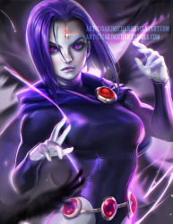 Rule 34 | 1girl, aura, belt, breasts, cape, colored skin, cowboy shot, dc comics, facial mark, forehead jewel, forehead mark, glowing, glowing eyes, grey skin, leotard, lipstick, looking at viewer, magic, makeup, purple eyes, purple hair, purple lips, purple theme, raven (dc), sakimichan, solo, taut clothes, teen titans, upper body, watermark, web address, wings