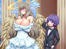 Rule 34 | 1boy, 1girl, angel, angel wings, bare shoulders, blue eyes, blurry, blurry background, blush, breasts, brown hair, cleavage, commission, crossed arms, dress, elbow gloves, formal, frilled dress, frills, gloves, halo, height difference, highres, long hair, luka (mon-musu quest!), mon-musu quest!, multiple wings, purple eyes, raichi (ddq0246), seraph eden, skeb commission, suit, sweatdrop, wedding, wedding dress, white dress, wings
