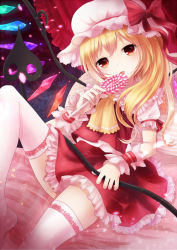 Rule 34 | 1girl, ascot, bad id, bad pixiv id, blonde hair, candy, flandre scarlet, food, hat, hat ribbon, laevatein, licking, lollipop, looking at viewer, mob cap, nunucco, petals, pink thighhighs, puffy sleeves, red eyes, revision, ribbon, shirt, short sleeves, side ponytail, sitting, skirt, skirt set, solo, thighhighs, tongue, tongue out, touhou, white thighhighs, wings, wrist cuffs, zettai ryouiki