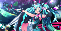 Rule 34 | 1girl, ;d, absurdly long hair, absurdres, armpits, asymmetrical legwear, bad id, bad pixiv id, black sleeves, black thighhighs, blue eyes, blue hair, detached sleeves, hair between eyes, hat, hatsune miku, highres, holding, holding microphone stand, long hair, long sleeves, magical mirai (vocaloid), magical mirai miku, magical mirai miku (2019), microphone stand, miniskirt, miyama (yakinikusushi the royal), one eye closed, open mouth, sitting, skirt, smile, solo, striped clothes, striped thighhighs, thighhighs, uneven legwear, v, vertical-striped clothes, vertical-striped thighhighs, very long hair, vocaloid, white hat, white skirt