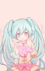 Rule 34 | 1girl, alternate costume, aqua hair, balloon, blue eyes, blush, bow, cross-laced clothes, hair between eyes, hatsune miku, head tilt, heart, highres, holding, kiyomasa ren, large bow, lolita fashion, long hair, looking at viewer, neck ribbon, open mouth, pink background, pink bow, pink ribbon, puffy short sleeves, puffy sleeves, ribbon, ribbon-trimmed clothes, ribbon-trimmed sleeves, ribbon trim, shawl, shirt, short sleeves, skirt, skirt set, solo, twintails, upper body, very long hair, vocaloid, water balloon, wrist cuffs, yellow shirt, yellow skirt
