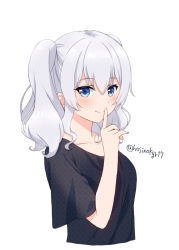 Rule 34 | 1girl, alternate costume, bad id, bad pixiv id, black shirt, blue eyes, blush, closed mouth, collarbone, cropped torso, finger to mouth, hoshino kagari, index finger raised, kantai collection, kashima (kancolle), long hair, looking at viewer, no headwear, print shirt, shirt, shushing, sidelocks, silver hair, simple background, smile, solo, twintails, twitter username, upper body, white background