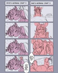 Rule 34 | 2girls, 4koma, alarm clock, animal ears, brushing teeth, cellphone, clock, comic, dice hair ornament, drooling, hair ornament, hakos baelz, highres, hololive, hololive english, horns, irys (hololive), long hair, moral cacoethes, mouse ears, mouse girl, mouth hold, multiple 4koma, multiple girls, off-shoulder shirt, off shoulder, phone, sharp teeth, shirt, sleeping, smartphone, teeth, tying hair, virtual youtuber