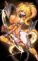 Rule 34 | 1girl, absurdres, arisa (g (genesis1556)), blonde hair, breasts, claws, covered erect nipples, covered mouth, covered navel, dragon claw, dragon girl, dragon horns, dragon tail, g (genesis1556), hair between eyes, highres, horns, impossible clothes, impossible leotard, large breasts, leotard, long hair, looking at viewer, mask, monster girl, mouth mask, ninja, ninja mask, original, ponytail, scales, shiny clothes, skin tight, solo, tail, taimanin (series), taimanin suit, yellow eyes