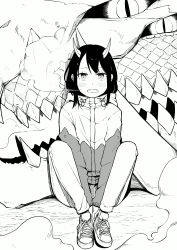 Rule 34 | absurdres, aoki ruri, arms between legs, blush, dragon, dragon girl, dragon horns, extra eyes, fangs, father and daughter, greyscale, hatching (texture), highres, hood, hoodie, horns, jacket, knees up, linear hatching, looking at viewer, lossy-lossless, medium hair, monochrome, on ground, open mouth, own hands together, pants, parted bangs, print hoodie, ruri dragon, shoes, sitting, slit pupils, smoke, sneakers, spoilers, third-party edit, tsunamayo (flying cat), v arms