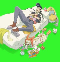 Rule 34 | 2boys, black hair, brown footwear, can, closed eyes, couch, dandy (space dandy), figure, green background, grey pants, long sleeves, male focus, meow (space dandy), multiple boys, pants, parted lips, pompadour, print shirt, qt (space dandy), red shirt, shadow, shirt, shoes, simple background, space dandy, trash, user wfxj3475