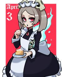 Rule 34 | 1girl, absurdres, apron, black nails, bloody marie (skullgirls), border, brooch, cake, cake slice, dress, energy, fire, food, fork, frilled apron, frilled dress, frills, grey hair, hair ornament, highres, jewelry, juliet sleeves, long sleeves, looking at viewer, maid headdress, muds (tentacles r us), nail polish, open mouth, plate, puffy sleeves, red background, red eyes, ribs, skeleton, skull hair ornament, skullgirls, solo, twintails, white border