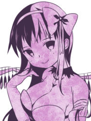 Rule 34 | 10s, 1girl, akemi homura, akuma homura, bare shoulders, black hair, bow, breasts, choker, cleavage, dress, elbow gloves, feathered wings, gloves, hair bow, large breasts, long hair, looking at viewer, mahou shoujo madoka magica, mahou shoujo madoka magica: hangyaku no monogatari, monochrome, nasunoko, playing with own hair, simple background, smile, solo, spoilers, white background, wings
