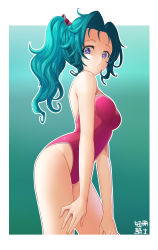 Rule 34 | 1girl, aqua hair, bad id, bad pixiv id, bare arms, bare shoulders, breasts, closed mouth, final fantasy, final fantasy vi, groin, hair intakes, hair ornament, highleg, highleg swimsuit, highres, long hair, looking at viewer, medium breasts, one-piece swimsuit, outline, pink one-piece swimsuit, ponytail, purple eyes, solo, strapless, strapless one-piece swimsuit, swimsuit, tanzaku kishi, thighs, tina branford, wavy hair, white outline