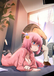 Rule 34 | 1girl, 2others, animahakim, blue eyes, bocchi the rock!, breasts, cleavage, cube hair ornament, gotoh hitori, grey skirt, hair ornament, jacket, large breasts, lying, multiple others, on stomach, one side up, partially unzipped, pink hair, pink jacket, pink track suit, pleated skirt, skirt, solo focus, tire, track jacket