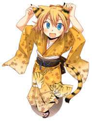 Rule 34 | 00s, 10s, 2010, animal ears, arms up, blonde hair, blue eyes, earrings, fang, highres, hyakko, japanese clothes, jewelry, kageyama torako, kimono, obi, pikachi, sandals, sash, solo, tail, tiger ears, tiger tail
