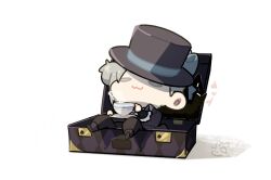 Rule 34 | 1girl, :3, black coat, black hat, black pants, chibi, closed mouth, coat, commentary, cup, english commentary, grey eyes, grey hair, grey ribbon, hair bun, hat, hat ribbon, holding, holding cup, holding saucer, long sleeves, pants, papu ri ca, reverse:1999, ribbon, saucer, simple background, single side bun, solo, suitcase, teacup, top hat, vertin (reverse:1999), white background