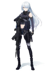 Rule 34 | 1girl, absurdres, ak-15, ak-15 (girls&#039; frontline), assault rifle, black footwear, black gloves, black pants, boots, braid, breasts, clothing cutout, dlarudgml21, elbow gloves, french braid, full body, girls&#039; frontline, gloves, gun, hair over one eye, highres, kalashnikov rifle, long hair, mask, mask around neck, medium breasts, mouth mask, navel, pants, purple eyes, rifle, silver hair, solo, standing, stomach cutout, tactical clothes, weapon