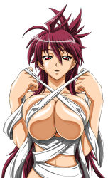 Rule 34 | 1girl, aizumi kikko, bakunetsu sentouki, breasts squeezed together, breasts, cleavage, kaise sousuke, large breasts, long hair, naked ribbon, nude, open mouth, pink hair, red eyes, red hair, ribbon, solo, very long hair, wrapped up