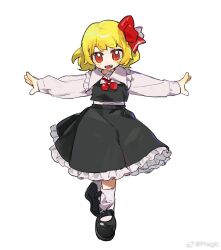 Rule 34 | 1girl, black footwear, black skirt, black vest, blonde hair, collared shirt, commentary, flat chest, frilled skirt, frills, full body, hair ribbon, highres, long sleeves, mary janes, medium hair, open mouth, outstretched arms, phagic, red eyes, red ribbon, ribbon, rumia, shirt, shoes, simple background, skirt, smile, socks, solo, spread arms, symbol-only commentary, touhou, vest, weibo watermark, white background, white shirt, white socks