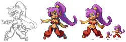 Rule 34 | 1girl, bandeau, blue eyes, breasts, character sheet, cleavage, dark skin, dark-skinned female, earrings, female focus, harem outfit, harem pants, jewelry, long hair, navel, open mouth, outstretched arms, pants, partially colored, pixel art, pointy ears, ponytail, purple hair, shantae, shantae (series), shoes, sketch, smile, solo, tak (takumi fortitude), tiara, vambraces, very long hair, white background