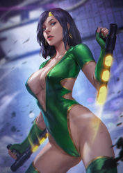 Rule 34 | 1girl, abs, absurdres, black hair, black orchid, boots, breasts, cleavage, commentary, commission, covered clitoris, detached sleeves, earrings, covered erect nipples, fingerless gloves, gloves, green nails, highres, holding, holding weapon, hoop earrings, jewelry, killer instinct, leotard, looking at viewer, nail polish, revealing clothes, sunkeytail, thigh boots, thighhighs, tonfa, weapon