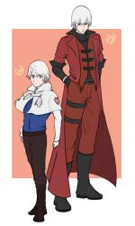 Rule 34 | 1boy, 2boys, aged down, blue eyes, closed mouth, coat, dante (devil may cry), devil may cry (anime), devil may cry (series), gloves, highres, holding, long sleeves, male focus, multiple boys, red coat, shirt, uncle and nephew, upper body, white hair, xingyue 413