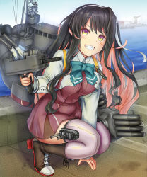 Rule 34 | &gt;:d, 1girl, :d, black hair, bow, bowtie, commentary request, curly hair, em s, grey thighhighs, grin, hair ribbon, highres, kantai collection, long hair, looking at viewer, machinery, multicolored hair, naganami (kancolle), naganami kai ni (kancolle), open mouth, orange eyes, pink hair, ribbon, school uniform, smile, solo, squatting, thighhighs, turret, two-tone hair, v-shaped eyebrows, zettai ryouiki