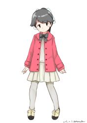 Rule 34 | 1girl, aged down, alternate costume, black eyes, black hair, coat, commentary request, full body, highres, houshou (kancolle), kantai collection, long hair, looking at viewer, one-hour drawing challenge, pantyhose, pleated skirt, ponytail, red coat, simple background, skirt, solo, standing, toplow, white background, white pantyhose, white skirt