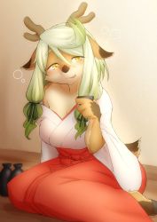 Rule 34 | blonde hair, borrowed character, brown eyes, deer, furry, highres, japanese clothes, long hair, nakamula, open mouth