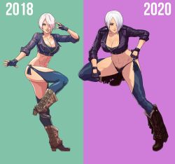 Rule 34 | 2018, 2020, angel (kof), blue eyes, boots, breasts, cirenk, cleavage, cowboy boots, gloves, highres, jacket, large breasts, mexico, navel, panties, smile, snk, the king of fighters, underwear, white hair