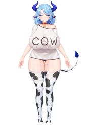 Rule 34 | + +, 1girl, absurdres, animal ears, animal print, arms at sides, bell, blue eyes, blue hair, blue horns, blush, breasts, closed mouth, collar, collarbone, cow ears, cow print, cow tail, cream cod, dot nose, english text, full body, highres, horn ornament, horns, huge breasts, indie virtual youtuber, lips, looking at viewer, miilkywayz, mole, mole under eye, mole under mouth, neck bell, off shoulder, shirt, short sleeves, simple background, solo, standing, straight-on, tail, tareme, taut clothes, taut shirt, thighhighs, virtual youtuber, white background, white shirt