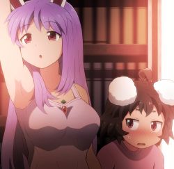 Rule 34 | 2girls, :o, ahoge, alternate costume, animal ears, arm up, armpits, black hair, blush, breast envy, breasts, carrot, commentary, highres, inaba tewi, large breasts, long hair, looking at breasts, multiple girls, purple hair, rabbit ears, reisen udongein inaba, shirosato, sweatdrop, symbol-only commentary, touhou