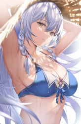 Rule 34 | 1girl, arm behind head, armpits, arms up, bikini, blue bikini, braid, breasts, brown hat, cleavage, commentary, granblue fantasy, hair between eyes, halterneck, hand on headwear, hat, highres, large breasts, long hair, looking at viewer, parted lips, sg (satoumogumogu), silva (granblue fantasy), silver hair, simple background, solo, straw hat, sun hat, swimsuit, twin braids, upper body, wet, white background, yellow eyes
